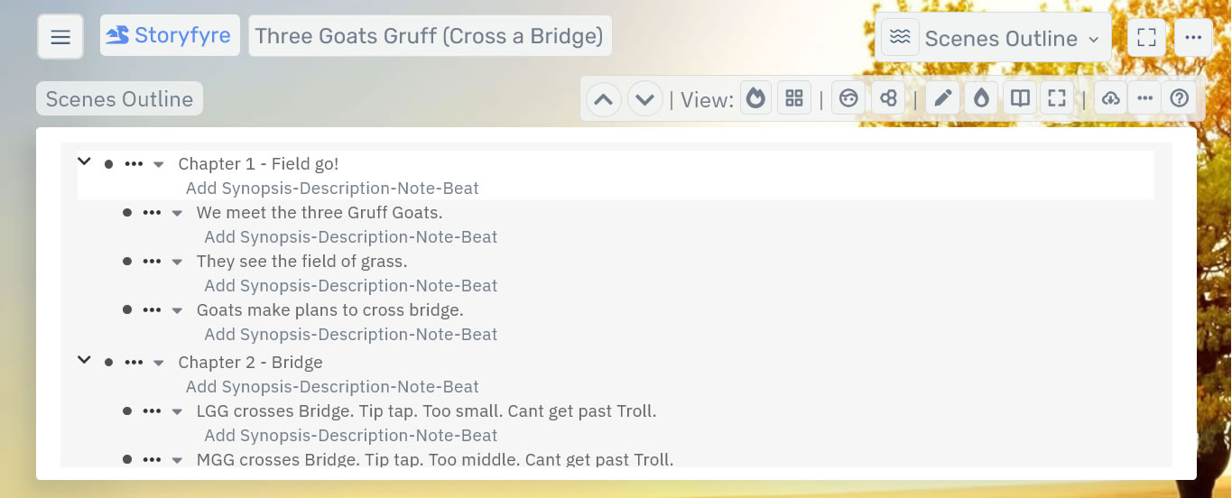 Storyfyre Pro Scenes Outline.